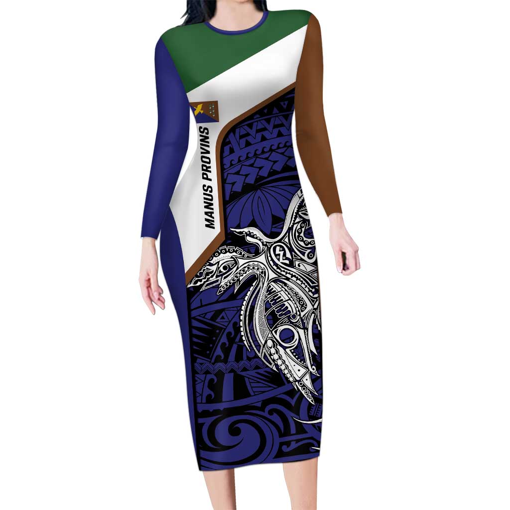 Personalised PNG Manus Province Family Matching Long Sleeve Bodycon Dress and Hawaiian Shirt Bird of Paradise Tattoo Flag Motif LT9 Mom's Dress Blue - Polynesian Pride