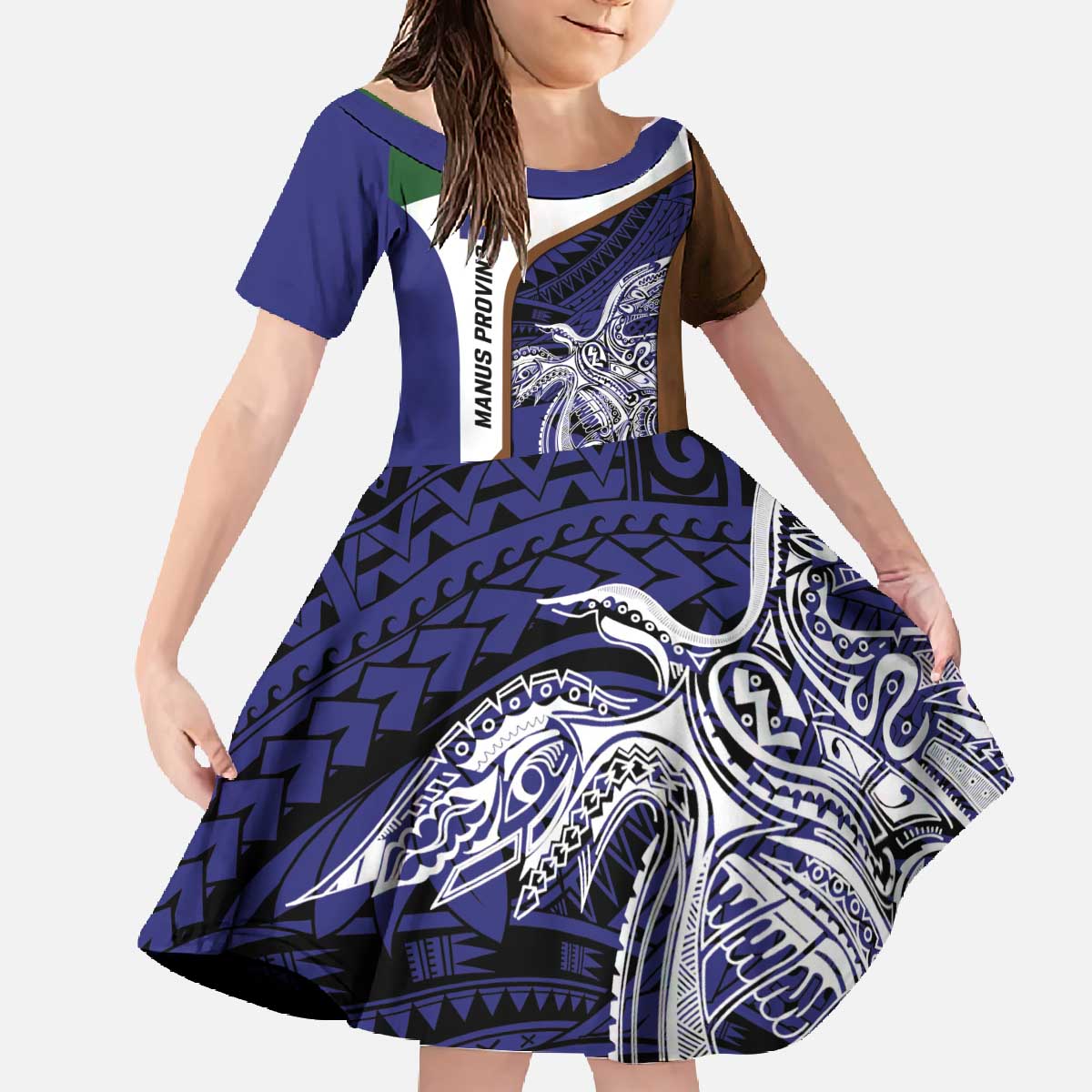 Personalised PNG Manus Province Family Matching Off The Shoulder Long Sleeve Dress and Hawaiian Shirt Bird of Paradise Tattoo Flag Motif LT9 Daughter's Dress Blue - Polynesian Pride