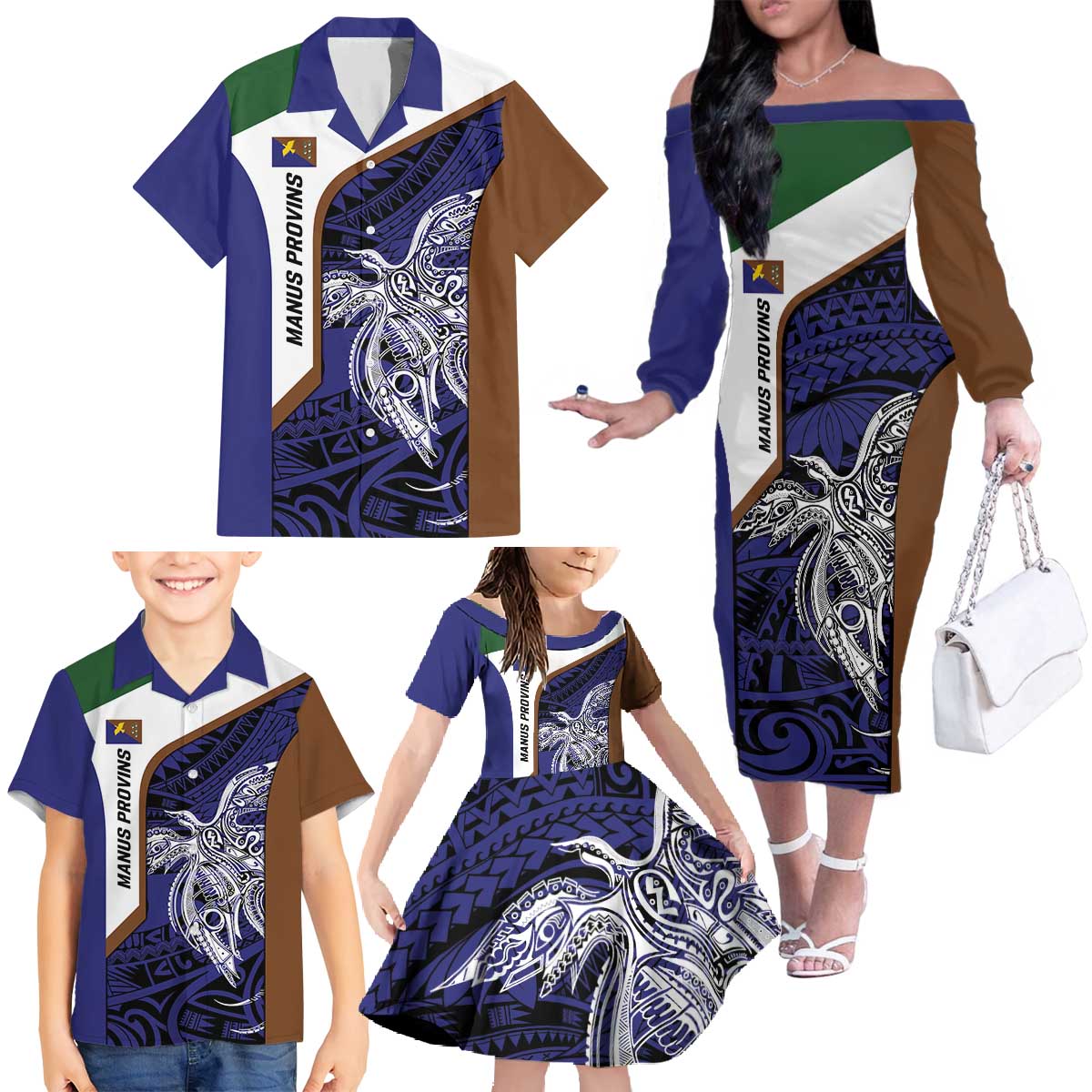 Personalised PNG Manus Province Family Matching Off The Shoulder Long Sleeve Dress and Hawaiian Shirt Bird of Paradise Tattoo Flag Motif LT9 - Polynesian Pride