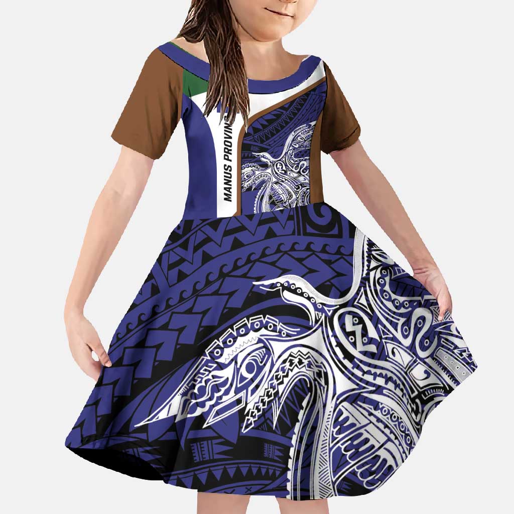Personalised PNG Manus Province Family Matching Off Shoulder Maxi Dress and Hawaiian Shirt Bird of Paradise Tattoo Flag Motif LT9 Daughter's Dress Blue - Polynesian Pride