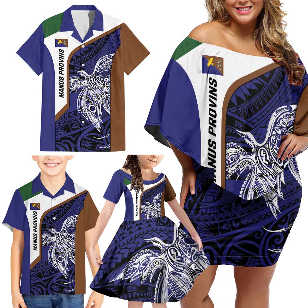 Personalised PNG Manus Province Family Matching Off Shoulder Short Dress and Hawaiian Shirt Bird of Paradise Tattoo Flag Motif LT9 - Polynesian Pride