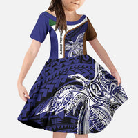 Personalised PNG Manus Province Family Matching Puletasi and Hawaiian Shirt Bird of Paradise Tattoo Flag Motif LT9 Daughter's Dress Blue - Polynesian Pride