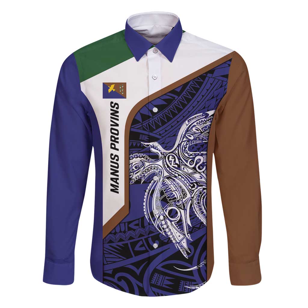 Personalised PNG Manus Province Family Matching Tank Maxi Dress and Hawaiian Shirt Bird of Paradise Tattoo Flag Motif LT9 Dad's Shirt - Long Sleeve Blue - Polynesian Pride