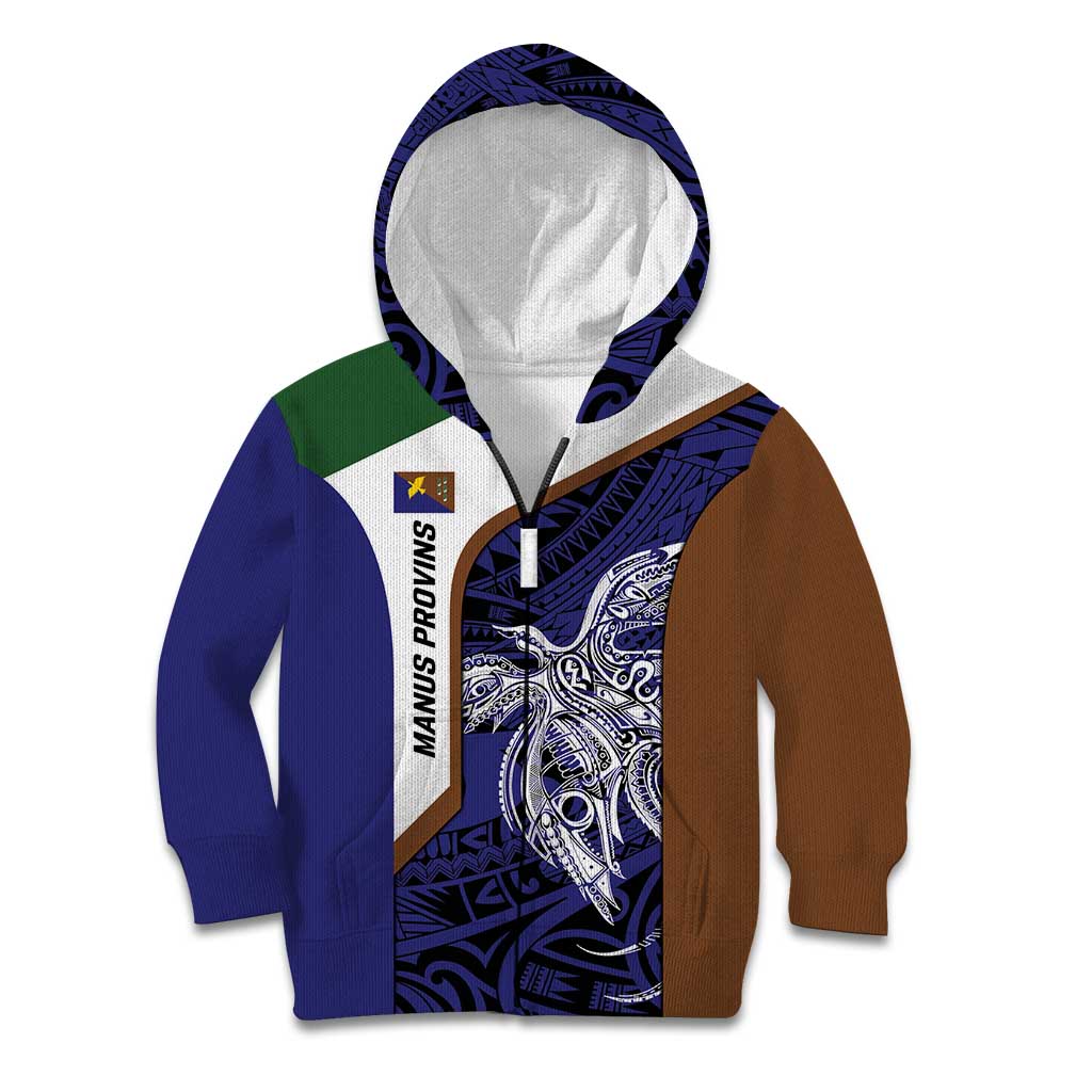 Personalised PNG Manus Province Kid Hoodie Bird of Paradise Tattoo Flag Motif LT9 Zip Hoodie Blue - Polynesian Pride