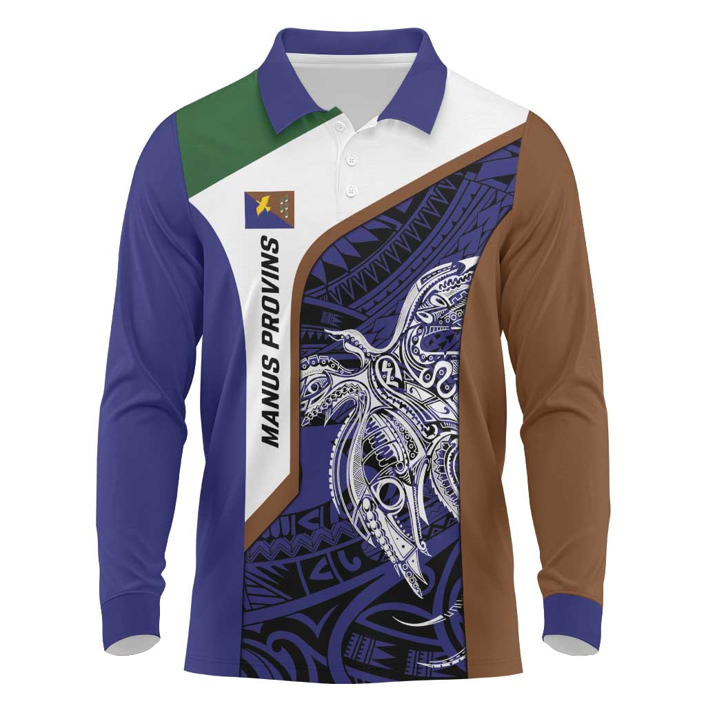 Personalised PNG Manus Province Long Sleeve Polo Shirt Bird of Paradise Tattoo Flag Motif LT9 Blue - Polynesian Pride