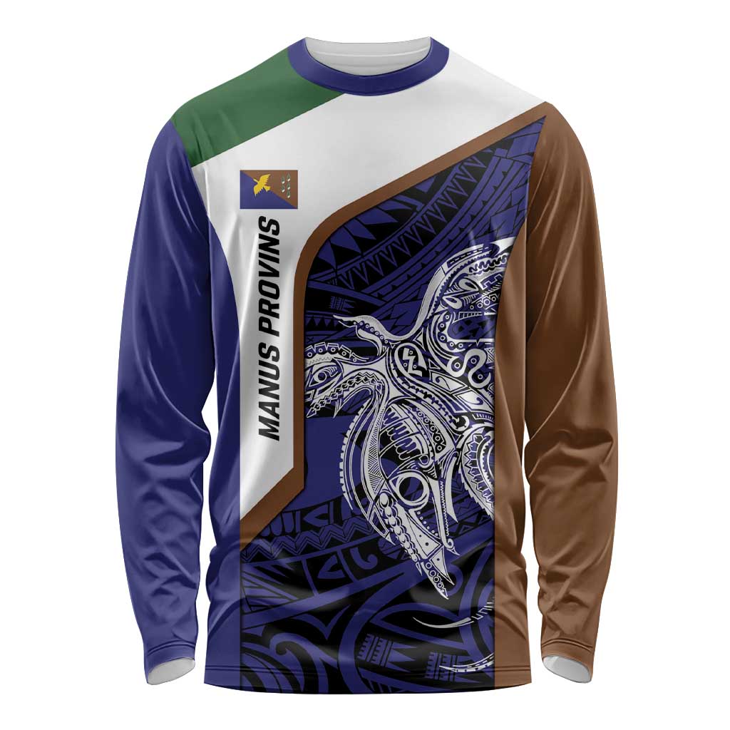 Personalised PNG Manus Province Long Sleeve Shirt Bird of Paradise Tattoo Flag Motif LT9 Unisex Blue - Polynesian Pride