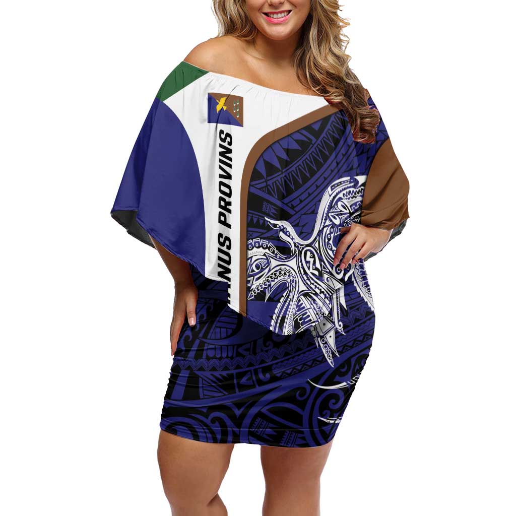 Personalised PNG Manus Province Off Shoulder Short Dress Bird of Paradise Tattoo Flag Motif LT9 Women Blue - Polynesian Pride