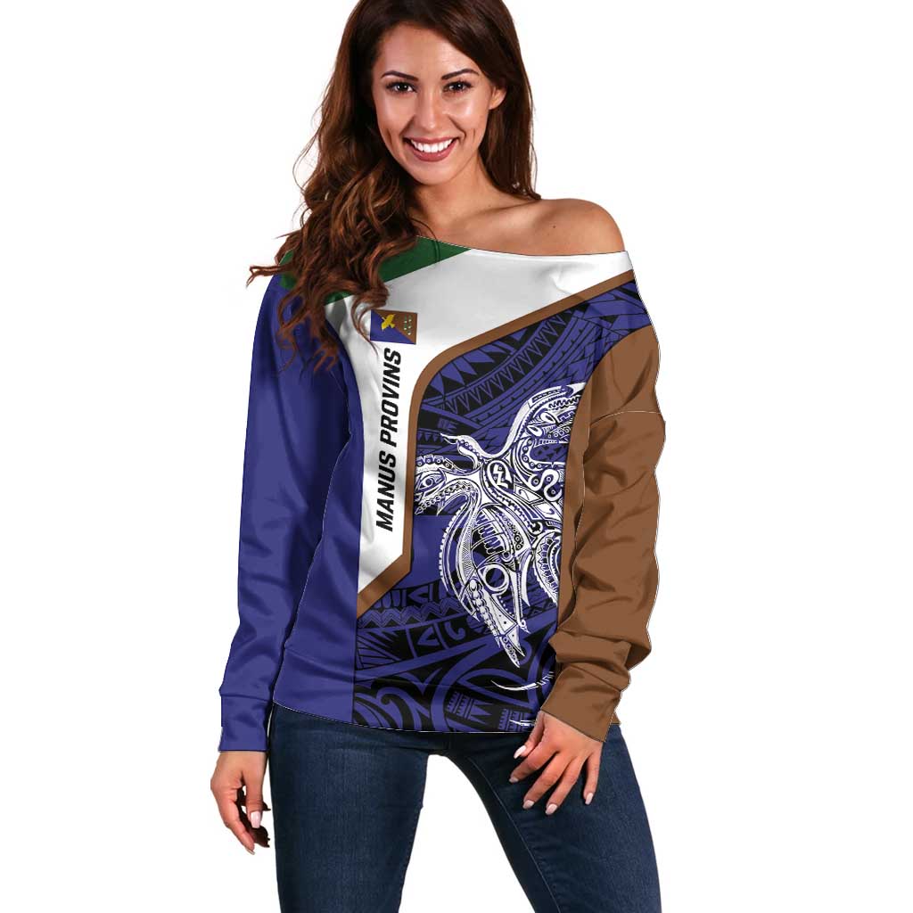 Personalised PNG Manus Province Off Shoulder Sweater Bird of Paradise Tattoo Flag Motif - Polynesian Pride