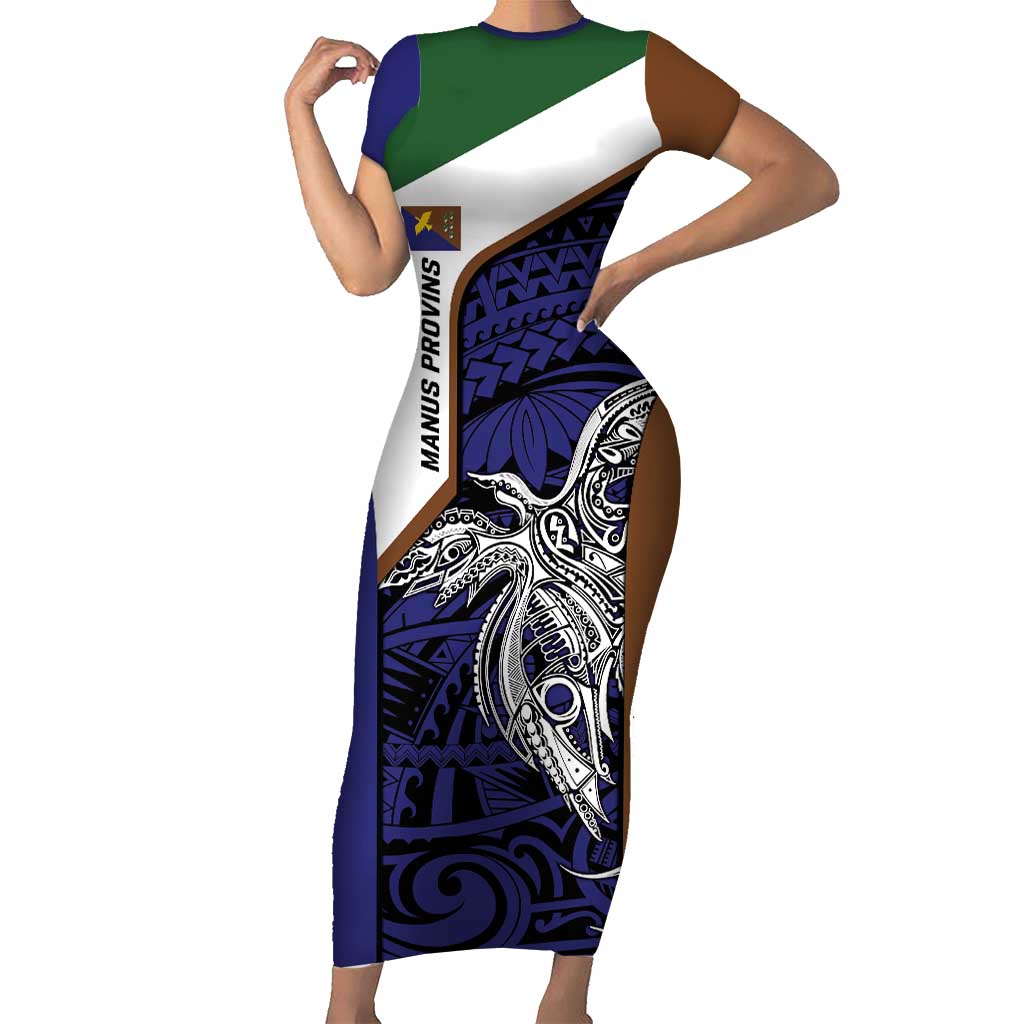 Personalised PNG Manus Province Short Sleeve Bodycon Dress Bird of Paradise Tattoo Flag Motif LT9 Long Dress Blue - Polynesian Pride