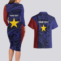 Personalised PNG Milne Bay Province Couples Matching Long Sleeve Bodycon Dress and Hawaiian Shirt Bird of Paradise Tattoo Flag Motif LT9 - Polynesian Pride