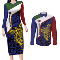 Personalised PNG Milne Bay Province Couples Matching Long Sleeve Bodycon Dress and Long Sleeve Button Shirt Bird of Paradise Tattoo Flag Motif LT9 Blue - Polynesian Pride