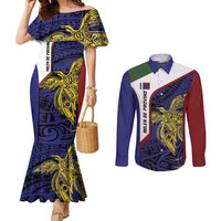 Personalised PNG Milne Bay Province Couples Matching Mermaid Dress and Long Sleeve Button Shirt Bird of Paradise Tattoo Flag Motif LT9 Blue - Polynesian Pride