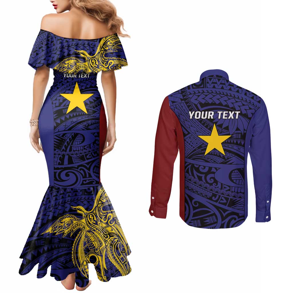 Personalised PNG Milne Bay Province Couples Matching Mermaid Dress and Long Sleeve Button Shirt Bird of Paradise Tattoo Flag Motif LT9 - Polynesian Pride
