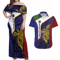 Personalised PNG Milne Bay Province Couples Matching Off Shoulder Maxi Dress and Hawaiian Shirt Bird of Paradise Tattoo Flag Motif LT9 Blue - Polynesian Pride