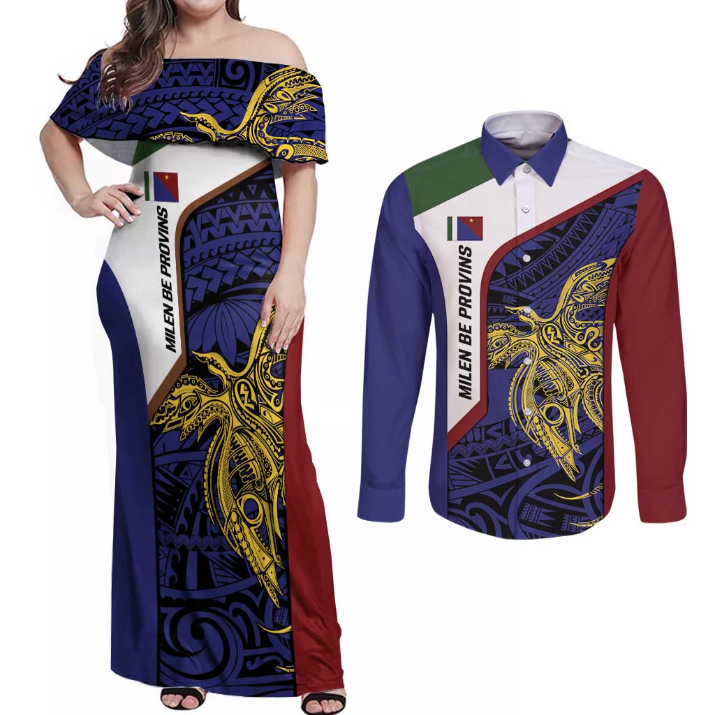Personalised PNG Milne Bay Province Couples Matching Off Shoulder Maxi Dress and Long Sleeve Button Shirt Bird of Paradise Tattoo Flag Motif LT9 Blue - Polynesian Pride