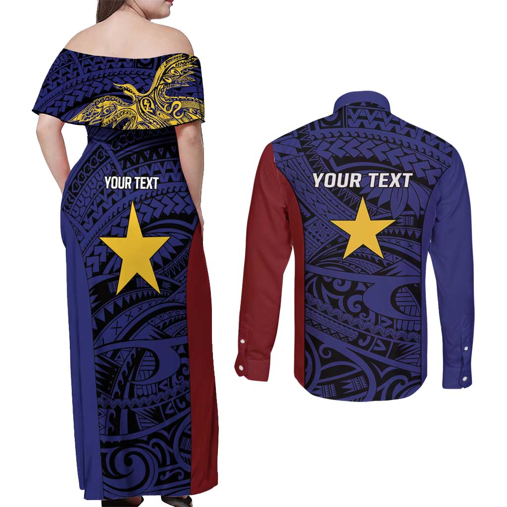 Personalised PNG Milne Bay Province Couples Matching Off Shoulder Maxi Dress and Long Sleeve Button Shirt Bird of Paradise Tattoo Flag Motif LT9 - Polynesian Pride