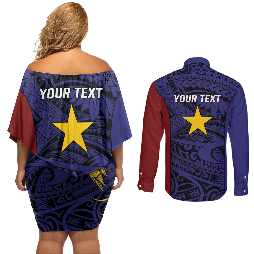 Personalised PNG Milne Bay Province Couples Matching Off Shoulder Short Dress and Long Sleeve Button Shirt Bird of Paradise Tattoo Flag Motif LT9 - Polynesian Pride