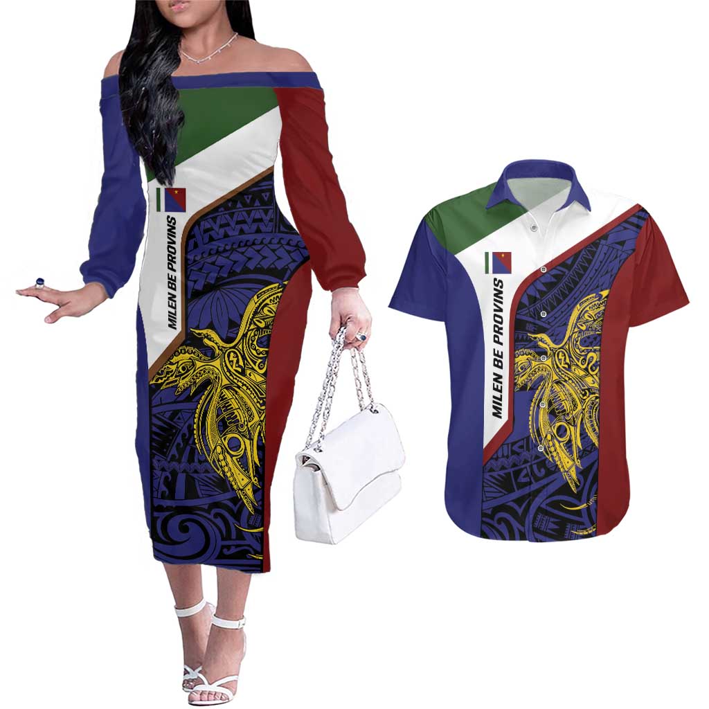 Personalised PNG Milne Bay Province Couples Matching Off The Shoulder Long Sleeve Dress and Hawaiian Shirt Bird of Paradise Tattoo Flag Motif LT9 Blue - Polynesian Pride