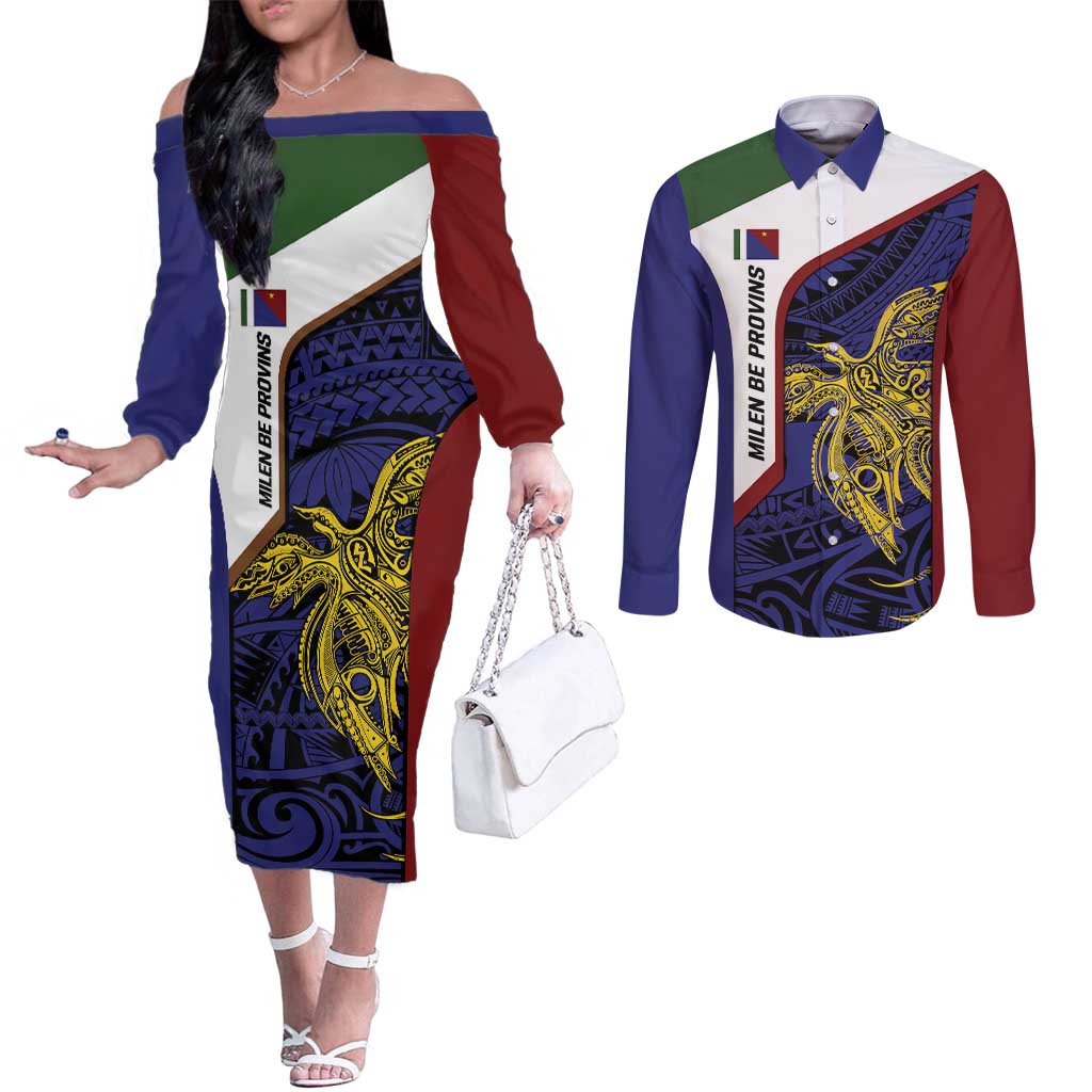 Personalised PNG Milne Bay Province Couples Matching Off The Shoulder Long Sleeve Dress and Long Sleeve Button Shirt Bird of Paradise Tattoo Flag Motif LT9 Blue - Polynesian Pride