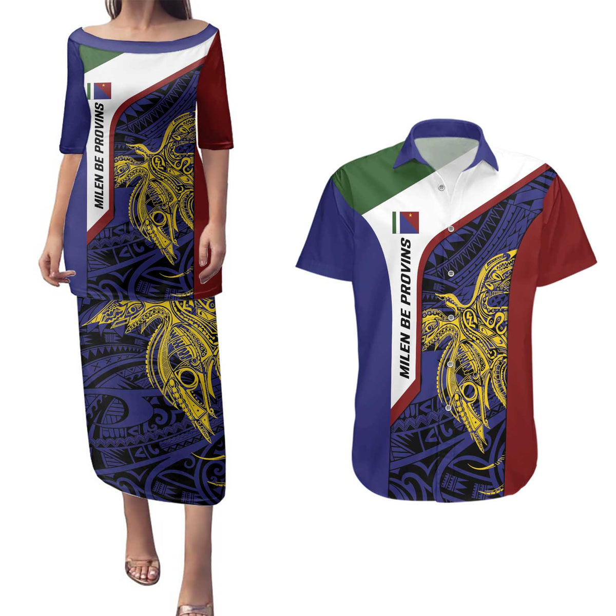 Personalised PNG Milne Bay Province Couples Matching Puletasi and Hawaiian Shirt Bird of Paradise Tattoo Flag Motif LT9 Blue - Polynesian Pride