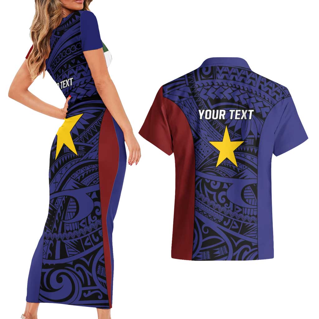 Personalised PNG Milne Bay Province Couples Matching Short Sleeve Bodycon Dress and Hawaiian Shirt Bird of Paradise Tattoo Flag Motif LT9 - Polynesian Pride