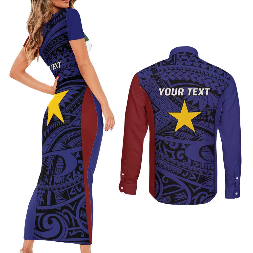 Personalised PNG Milne Bay Province Couples Matching Short Sleeve Bodycon Dress and Long Sleeve Button Shirt Bird of Paradise Tattoo Flag Motif LT9 - Polynesian Pride