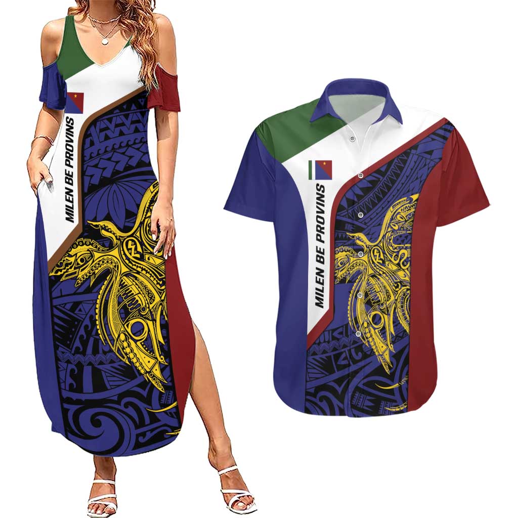 Personalised PNG Milne Bay Province Couples Matching Summer Maxi Dress and Hawaiian Shirt Bird of Paradise Tattoo Flag Motif - Polynesian Pride