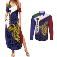 Personalised PNG Milne Bay Province Couples Matching Summer Maxi Dress and Long Sleeve Button Shirt Bird of Paradise Tattoo Flag Motif LT9 Blue - Polynesian Pride