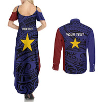 Personalised PNG Milne Bay Province Couples Matching Summer Maxi Dress and Long Sleeve Button Shirt Bird of Paradise Tattoo Flag Motif LT9 - Polynesian Pride