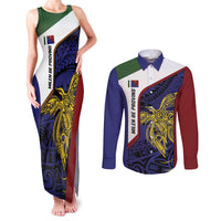 Personalised PNG Milne Bay Province Couples Matching Tank Maxi Dress and Long Sleeve Button Shirt Bird of Paradise Tattoo Flag Motif LT9 Blue - Polynesian Pride