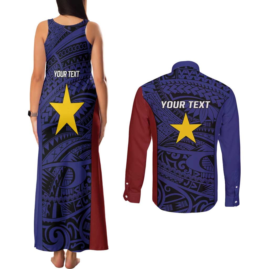 Personalised PNG Milne Bay Province Couples Matching Tank Maxi Dress and Long Sleeve Button Shirt Bird of Paradise Tattoo Flag Motif LT9 - Polynesian Pride