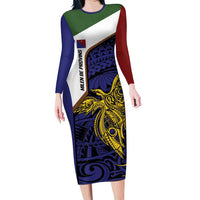 Personalised PNG Milne Bay Province Family Matching Long Sleeve Bodycon Dress and Hawaiian Shirt Bird of Paradise Tattoo Flag Motif LT9 Mom's Dress Blue - Polynesian Pride