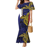 Personalised PNG Milne Bay Province Family Matching Mermaid Dress and Hawaiian Shirt Bird of Paradise Tattoo Flag Motif LT9 Mom's Dress Blue - Polynesian Pride