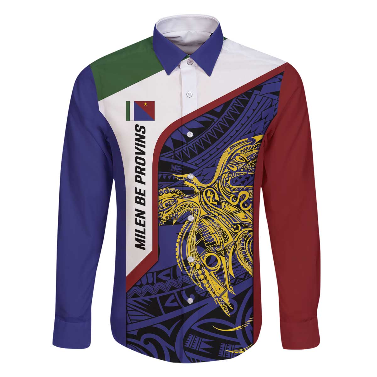 Personalised PNG Milne Bay Province Family Matching Off The Shoulder Long Sleeve Dress and Hawaiian Shirt Bird of Paradise Tattoo Flag Motif LT9 Dad's Shirt - Long Sleeve Blue - Polynesian Pride