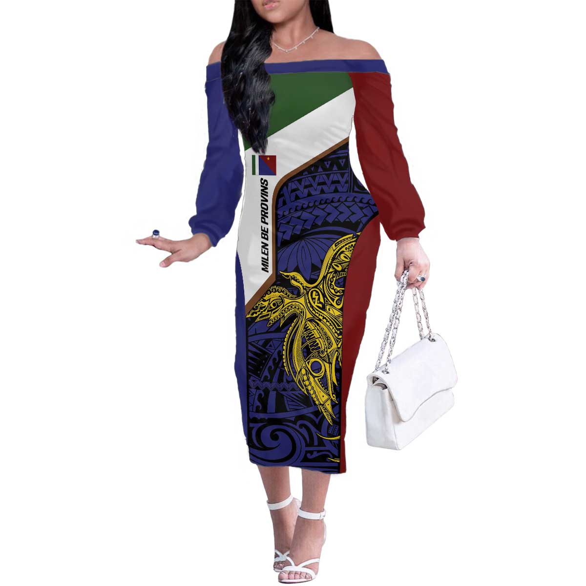 Personalised PNG Milne Bay Province Family Matching Off The Shoulder Long Sleeve Dress and Hawaiian Shirt Bird of Paradise Tattoo Flag Motif LT9 Mom's Dress Blue - Polynesian Pride