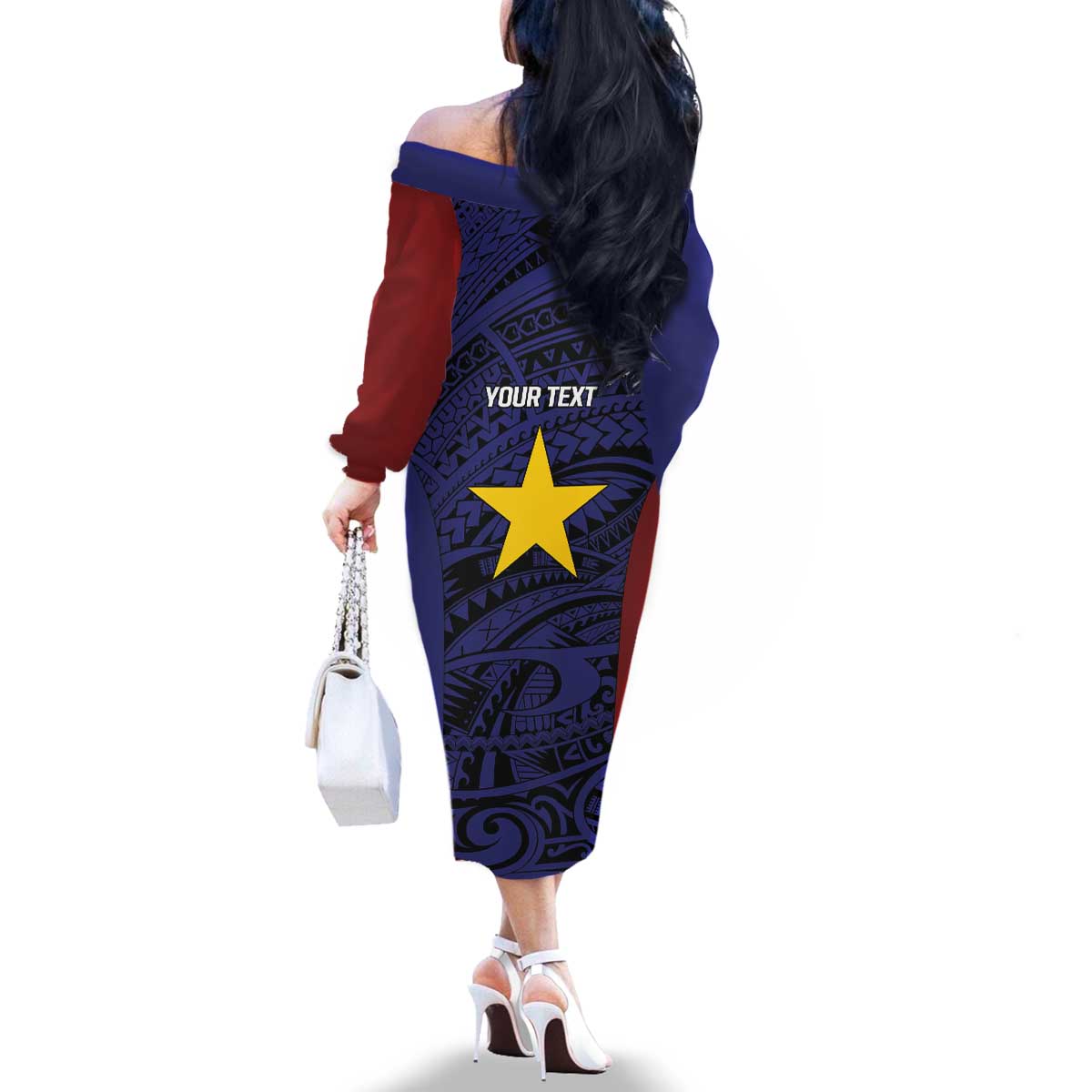 Personalised PNG Milne Bay Province Family Matching Off The Shoulder Long Sleeve Dress and Hawaiian Shirt Bird of Paradise Tattoo Flag Motif LT9 - Polynesian Pride