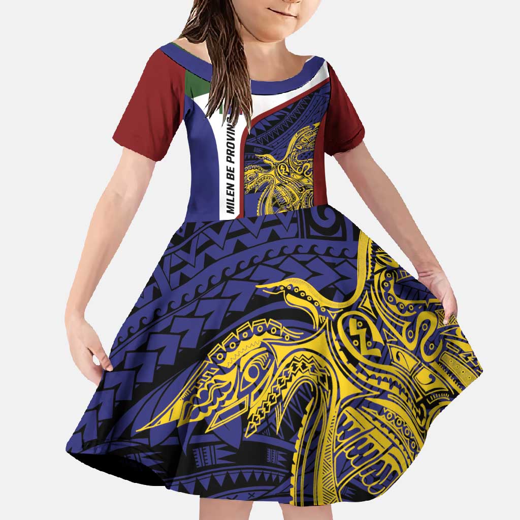 Personalised PNG Milne Bay Province Family Matching Off Shoulder Maxi Dress and Hawaiian Shirt Bird of Paradise Tattoo Flag Motif LT9 Daughter's Dress Blue - Polynesian Pride