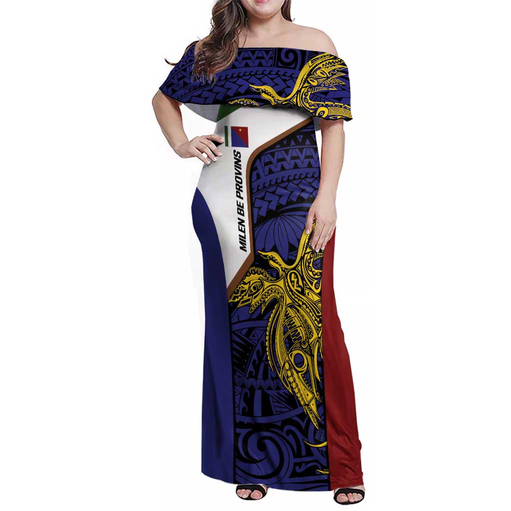 Personalised PNG Milne Bay Province Family Matching Off Shoulder Maxi Dress and Hawaiian Shirt Bird of Paradise Tattoo Flag Motif LT9 Mom's Dress Blue - Polynesian Pride
