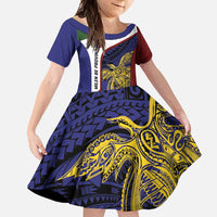Personalised PNG Milne Bay Province Family Matching Tank Maxi Dress and Hawaiian Shirt Bird of Paradise Tattoo Flag Motif LT9 Daughter's Dress Blue - Polynesian Pride