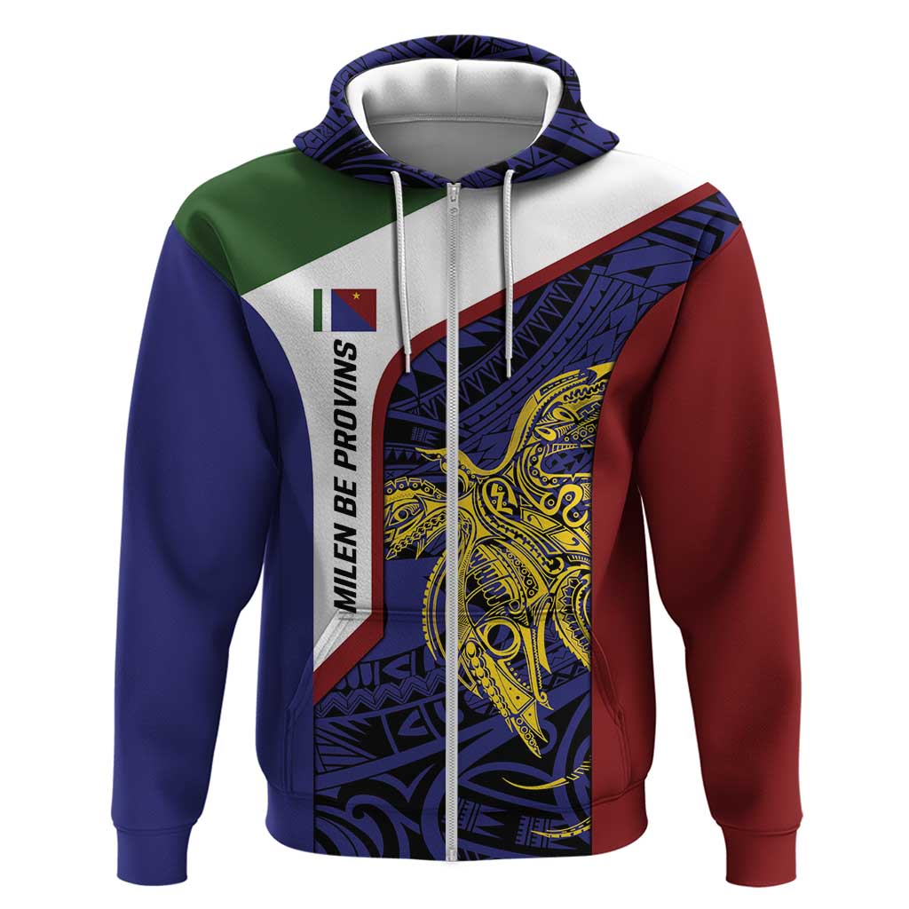 Personalised PNG Milne Bay Province Hoodie Bird of Paradise Tattoo Flag Motif LT9 Zip Hoodie Blue - Polynesian Pride