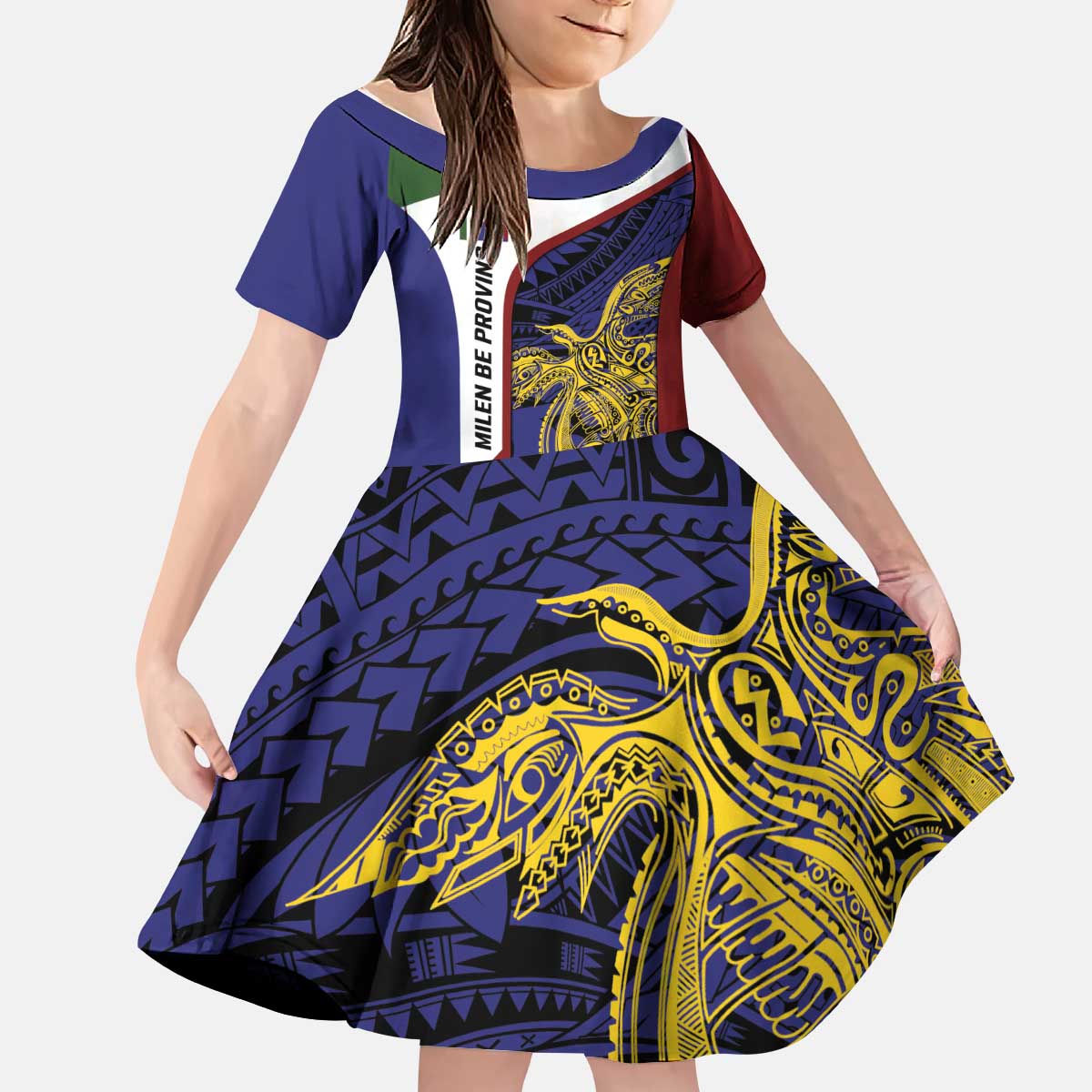 Personalised PNG Milne Bay Province Kid Short Sleeve Dress Bird of Paradise Tattoo Flag Motif LT9 KID Blue - Polynesian Pride