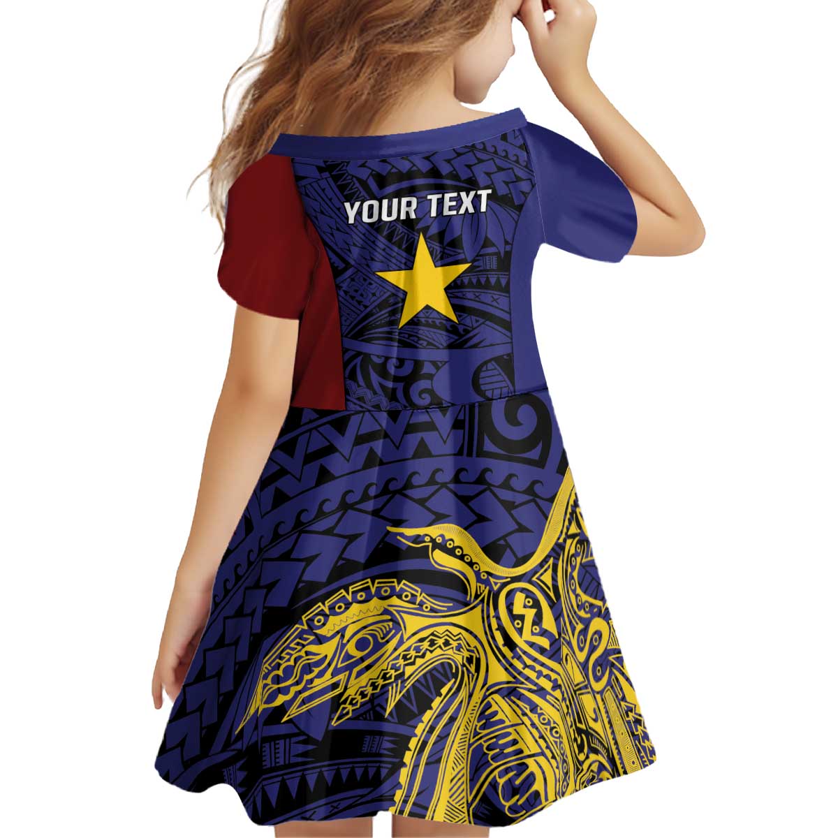 Personalised PNG Milne Bay Province Kid Short Sleeve Dress Bird of Paradise Tattoo Flag Motif LT9 - Polynesian Pride