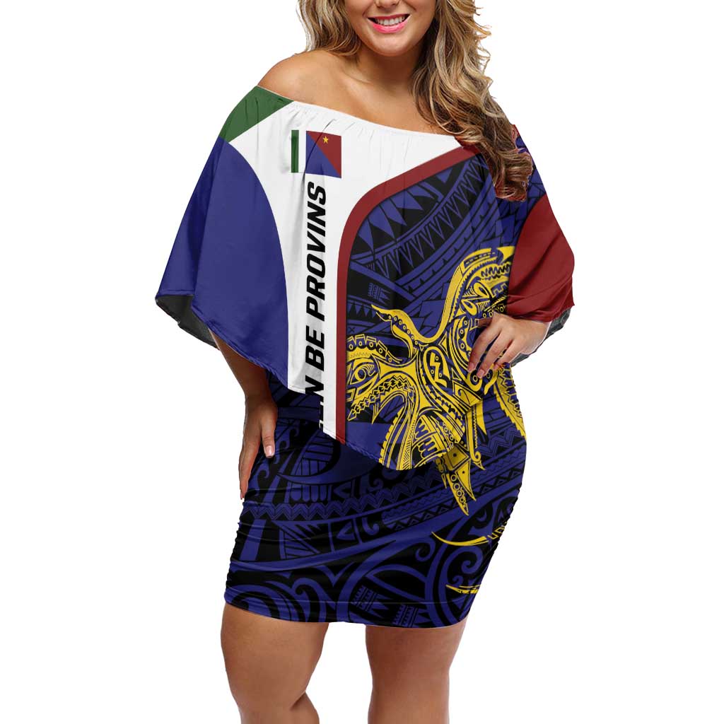 Personalised PNG Milne Bay Province Off Shoulder Short Dress Bird of Paradise Tattoo Flag Motif LT9 Women Blue - Polynesian Pride
