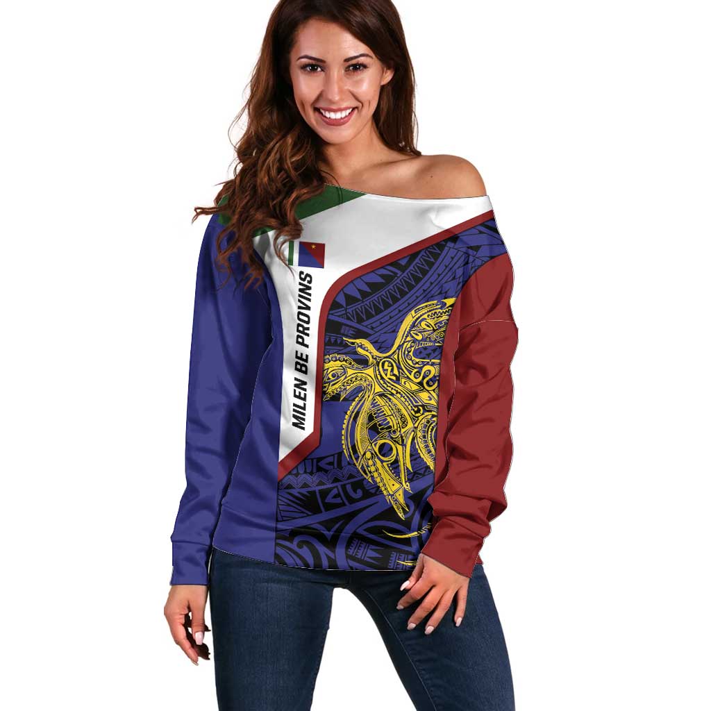 Personalised PNG Milne Bay Province Off Shoulder Sweater Bird of Paradise Tattoo Flag Motif LT9 Women Blue - Polynesian Pride