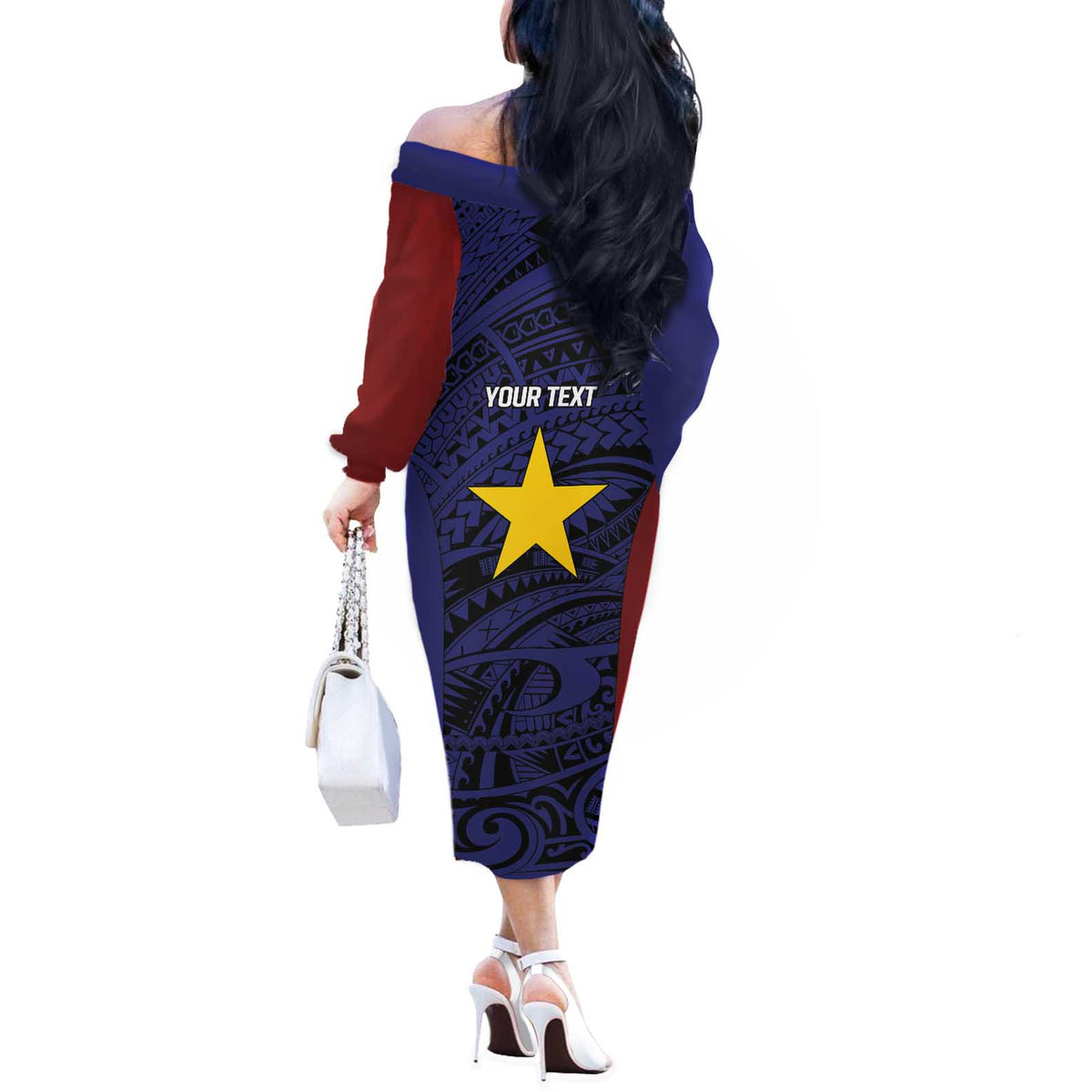 Personalised PNG Milne Bay Province Off The Shoulder Long Sleeve Dress Bird of Paradise Tattoo Flag Motif LT9 - Polynesian Pride