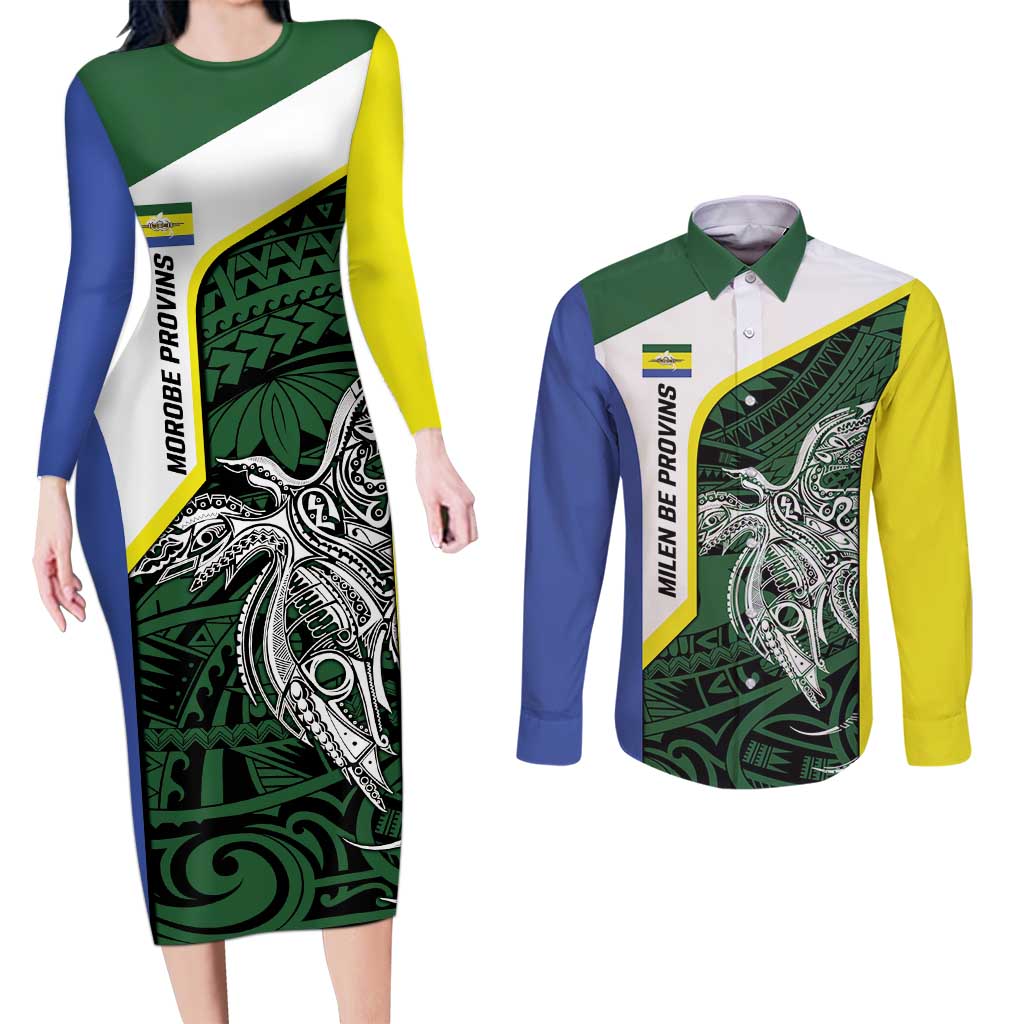 Personalised PNG Morobe Province Couples Matching Long Sleeve Bodycon Dress and Long Sleeve Button Shirt Bird of Paradise Tattoo Flag Motif LT9 Green - Polynesian Pride
