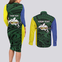 Personalised PNG Morobe Province Couples Matching Long Sleeve Bodycon Dress and Long Sleeve Button Shirt Bird of Paradise Tattoo Flag Motif LT9 - Polynesian Pride