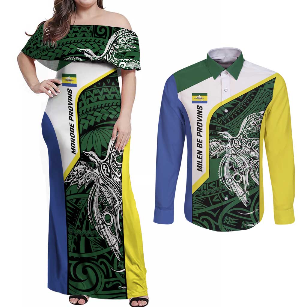 Personalised PNG Morobe Province Couples Matching Off Shoulder Maxi Dress and Long Sleeve Button Shirt Bird of Paradise Tattoo Flag Motif LT9 Green - Polynesian Pride
