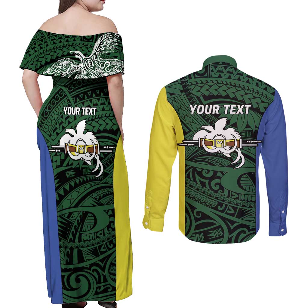 Personalised PNG Morobe Province Couples Matching Off Shoulder Maxi Dress and Long Sleeve Button Shirt Bird of Paradise Tattoo Flag Motif LT9 - Polynesian Pride