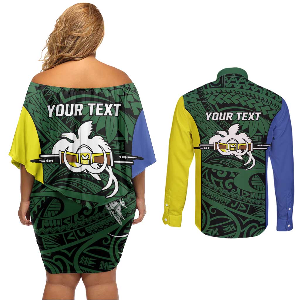 Personalised PNG Morobe Province Couples Matching Off Shoulder Short Dress and Long Sleeve Button Shirt Bird of Paradise Tattoo Flag Motif LT9 - Polynesian Pride